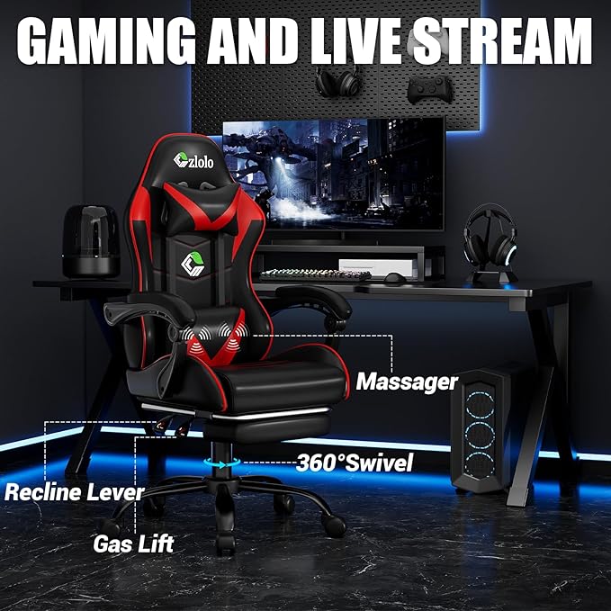 Gaming Chair with Footrest Racing Style Lumbar Support Massager Video Game Chair with Metal Legs, High Back Reclining Gamer Chair with Headrest, 360° Swivel Office Computer Desk Chair (Red)