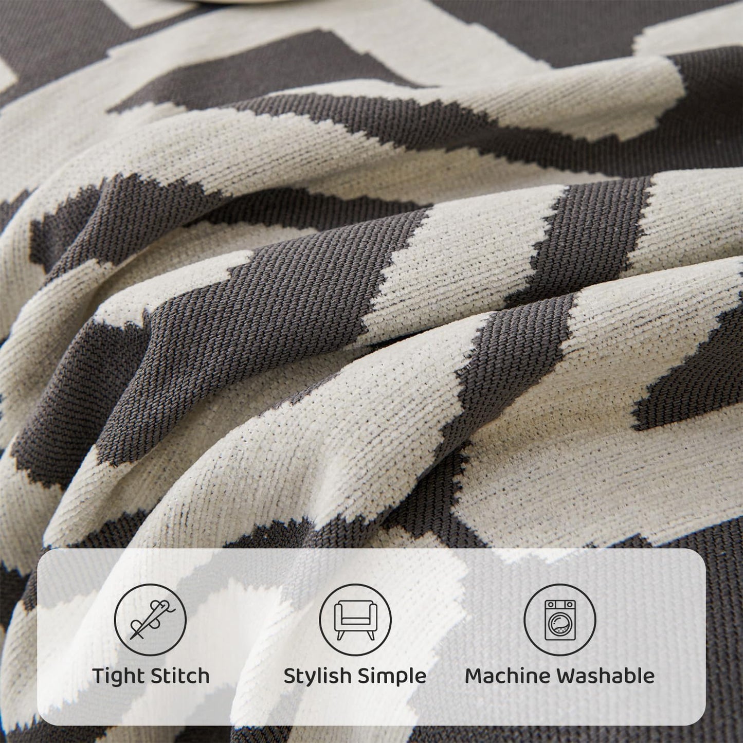 STACYPIK Thick Chenille Boho Sofa Cover Dark Grey Jacquard Geometric Sofa Cover for 1 Cushion Couch L Shape Cover Dog Sofa Protector Non Slip Pet Protector Covers Reversible Sofa Covers-71X71IN