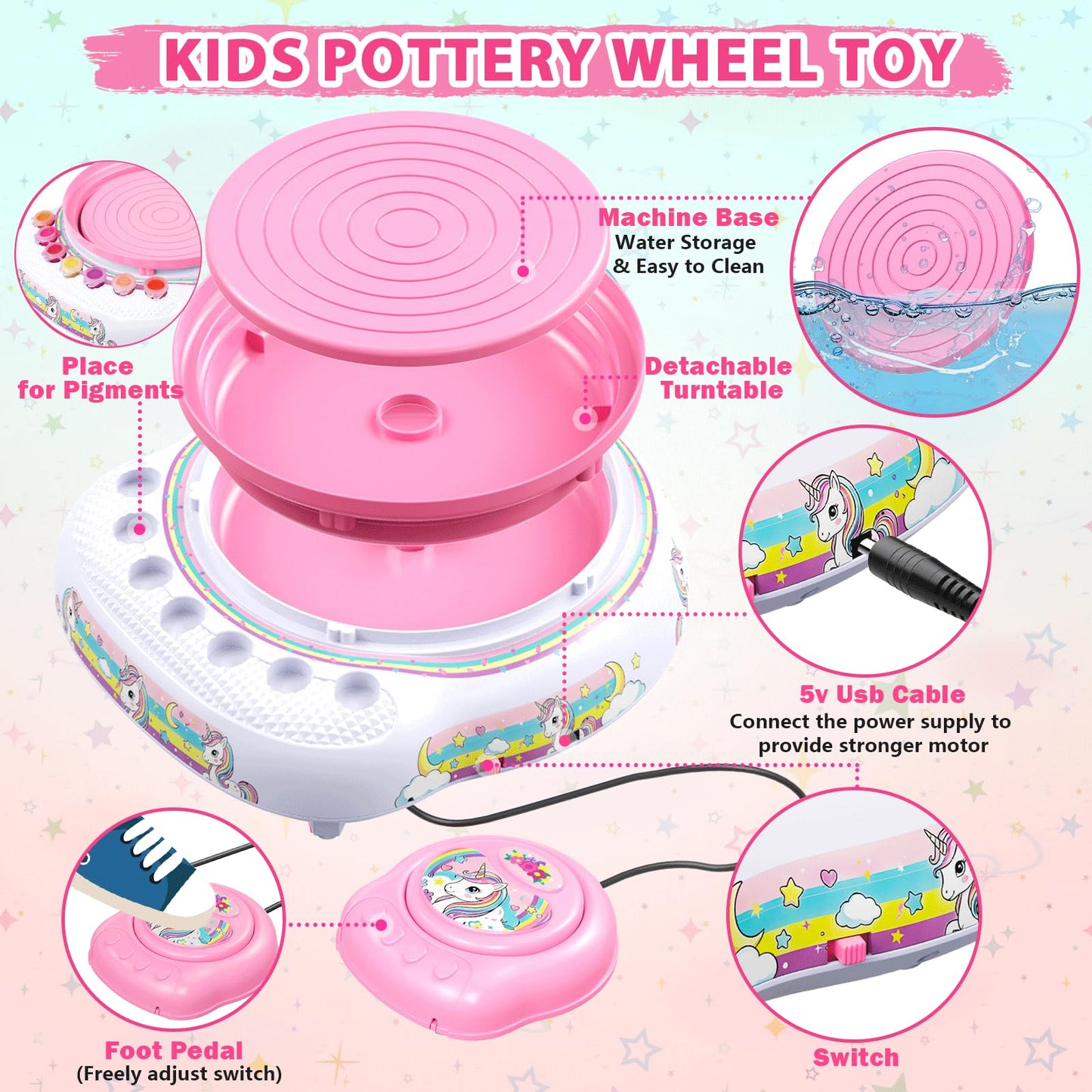 Pottery Wheel for Kids, Arts & Crafts Pottery Painting Toys Kit for Kids Ages 8-12, Unicorn Art Supplies with 3 Pack Air Dry Clay and Tools, Birthday Easter Gift for Girls Boys 6 7 8 9 10 11 12