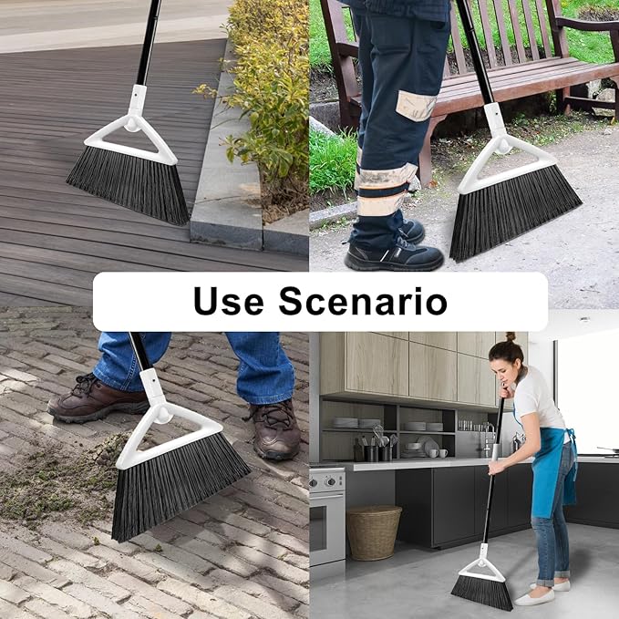 Outdoor Indoor Broom, Brooms for Sweeeping Indoor, Heavy-Duty Kitchen Broom with Long Pole, Angle Broom White for Garages Restaurant Courtyard Office Slidewalk Lobby Sweep Dust