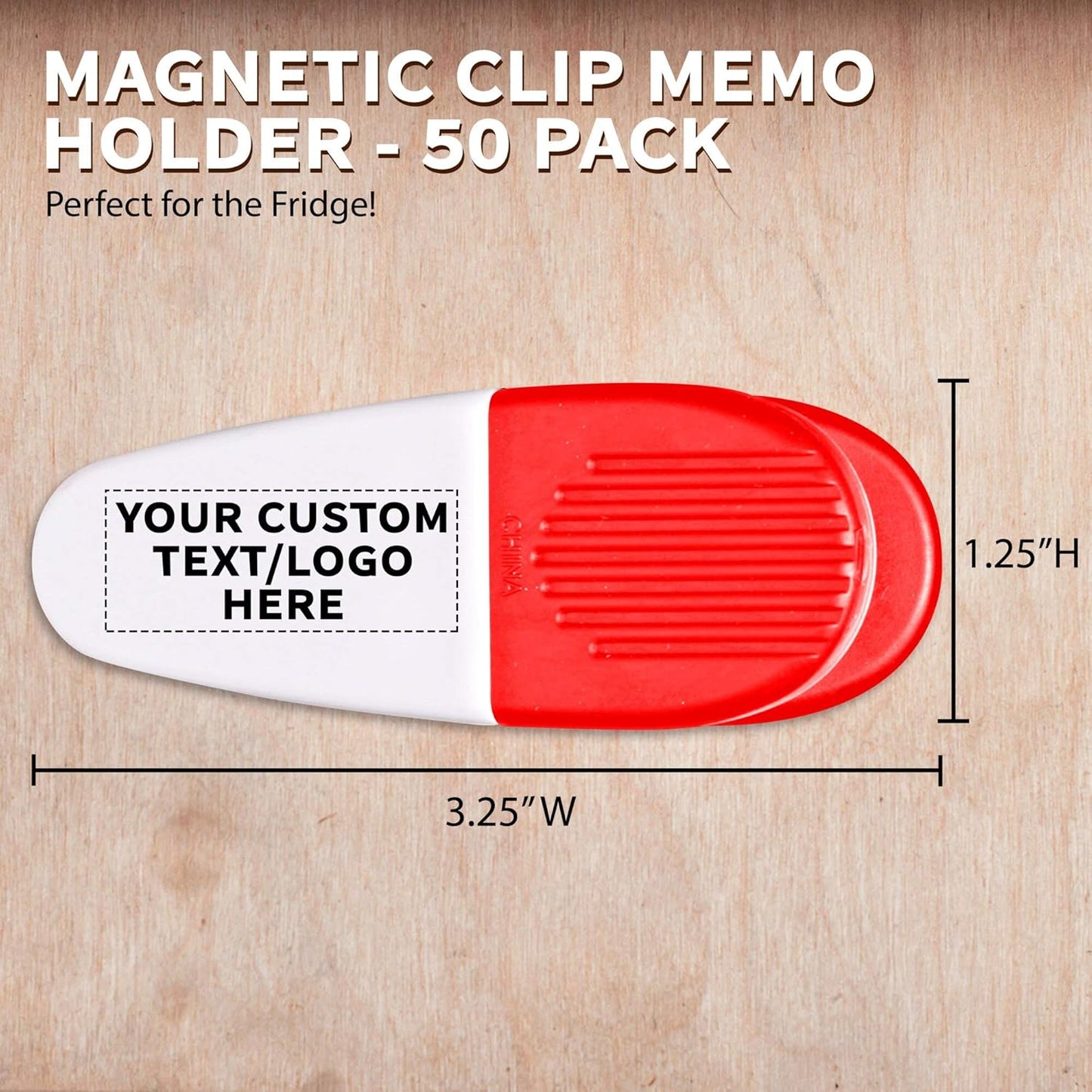 50 Magnetic Memo Holders Set - Customizable Text, Logo - Large Clip, Plastic - White Red