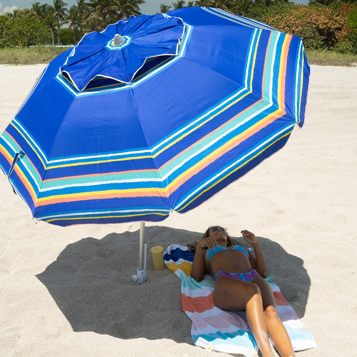 AMMSUN 7ft Heavy Duty High Wind Beach Umbrella Parasols with Sand Anchor Vent Tilt UPF 50+ Sun Protection Portable Outdoor Sunshade Umbrellas Carry Bag for Patio Garden Pool Backyard Blue
