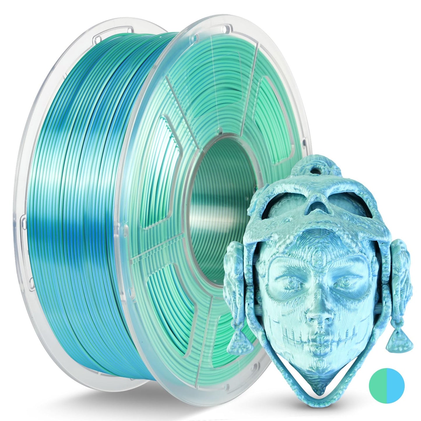 JAYO Silk PLA Filament 1.75mm Dual Colors Blue Green, Coextrusion Dual Color 3D Printer Filament, Shiny Multicolor Change, 1.1kg