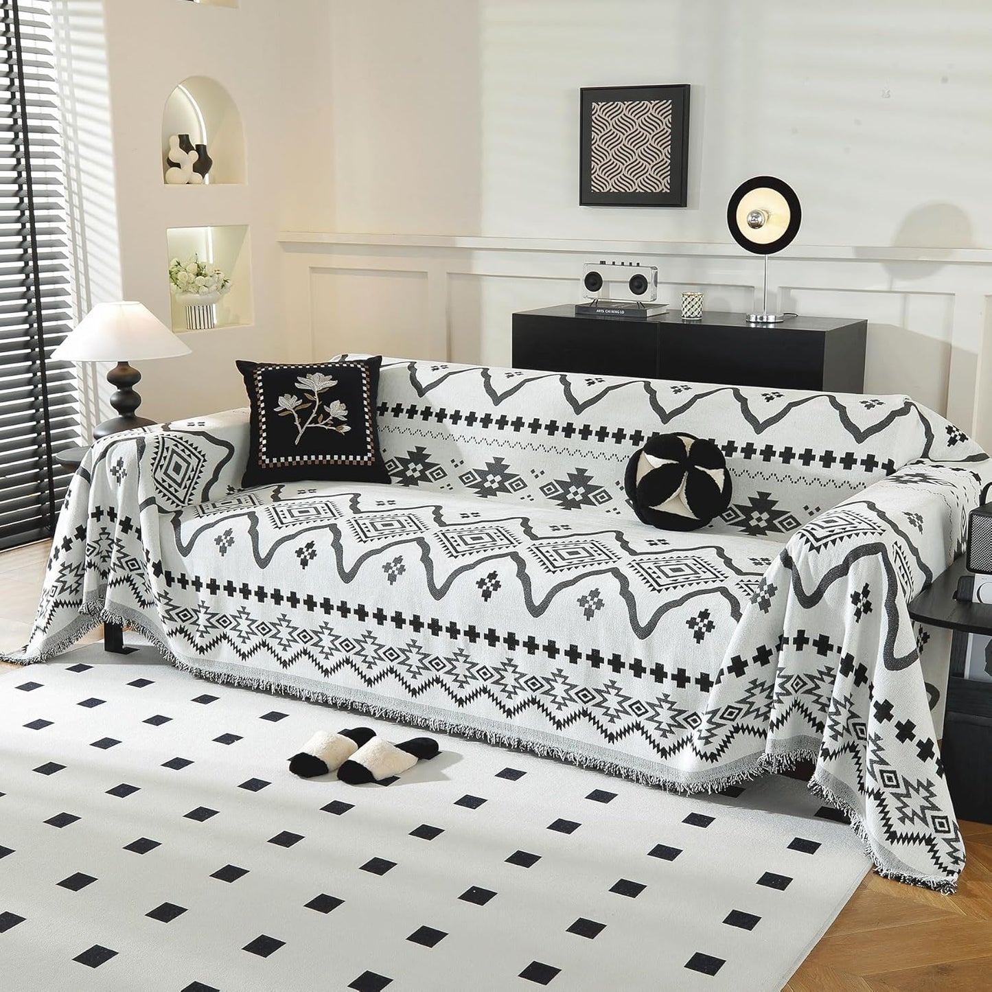 LUFEIJIASHI Boho Couch Covers for Sofa Non Slip Sofa Covers Washable Couch Covers for 3 Cushion Couch Sofa Pet Friendly Sectional Couch Cover Blanket Furniture Protector for Dogs (Black, 71"x134")