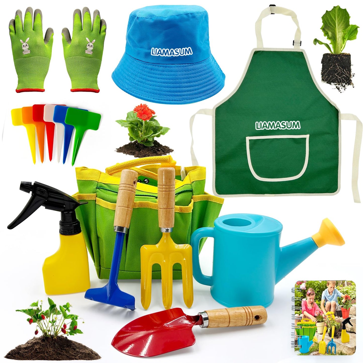 Kids Gardening Tools Set Includes Toddler Gardening Gloves, Sturdy Tote Bag, Watering Can, Shovel, Rake, Trowel, Children Apron, Garden Notebook - Easter Gifts for Toddler