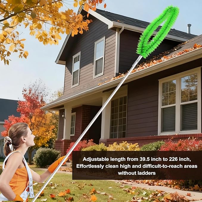 19Ft Roof Rake Brush for Snow and Leaves, Gutter Cleaning Broom Tool, Spider Web Brush Cleaner for Shingles, Corrugated，High Ceiling,Porch,Outdoor Window Cob Web Remover - Lightweight Pole
