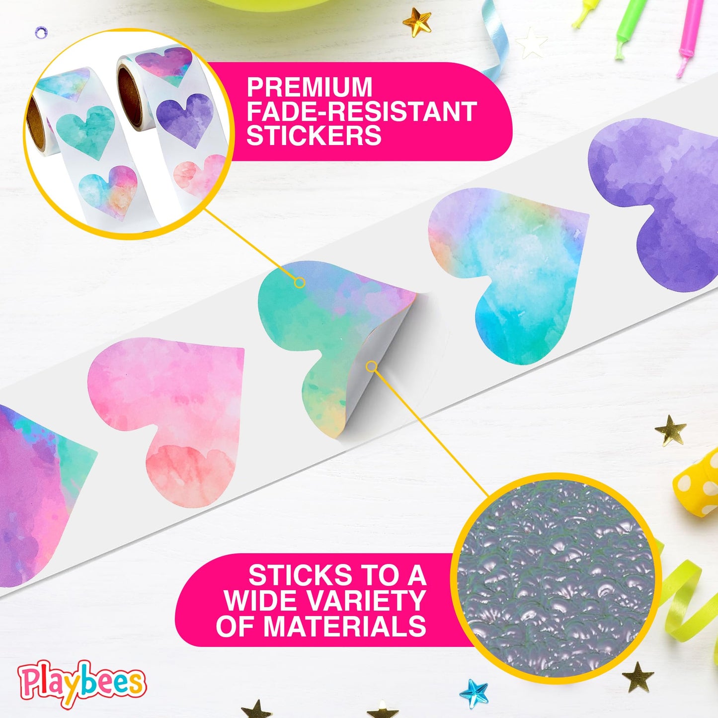 Playbees Watercolor Heart Stickers for Kids - 200 Pack of Rainbow Heart Themed Designs - Valentine’s Day Kids Educational Arts and Crafts, Scrapbooking, Teacher Awards, Classroom Prize, Encouragement