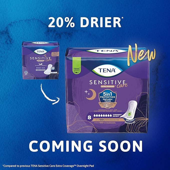 TENA Sensitive Care Incontinence Pads, Bladder Control, Postpartum for Women, Overnight Absorbency, Extra Coverage, 84 Count
