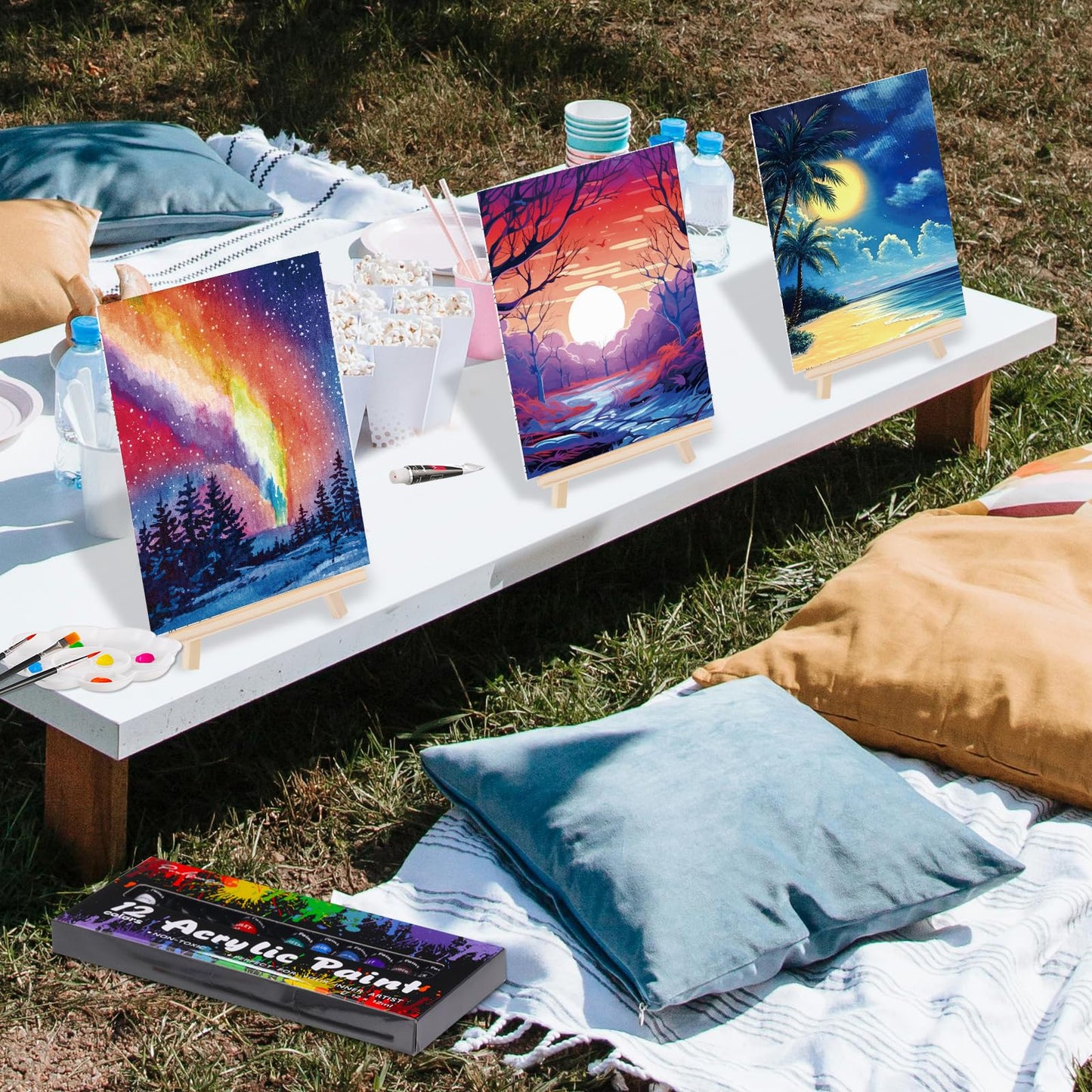 Ctosree 72 Pcs Vivid Sunset Paint and Sip Kit for Adults 8'' x 10'' Pre Drawn Canvas for Painting DIY Pre Printed Canvas for Party Favor Acrylic Painting Kit Wood Easel Brushes Date Night Bulk