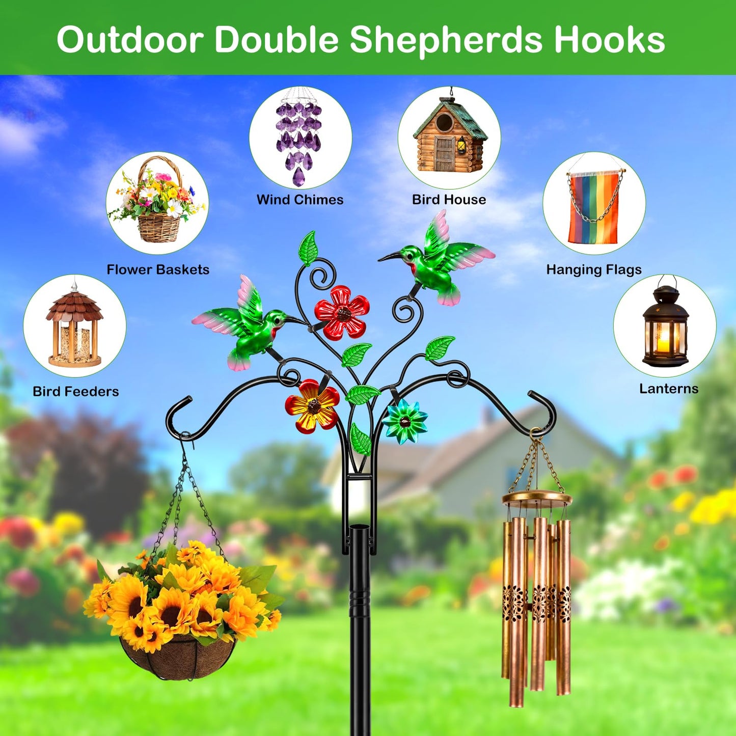 Double Shepherds Hooks for Outdoor, 2 Pack 78 Inch Bird Feeder Pole with 5 Prongs Base, Adjustable Heavy Duty Plant Hangers Hummingbird Art for Outdoor Plants Hummingbird Feeder Hanging Basket Lantern