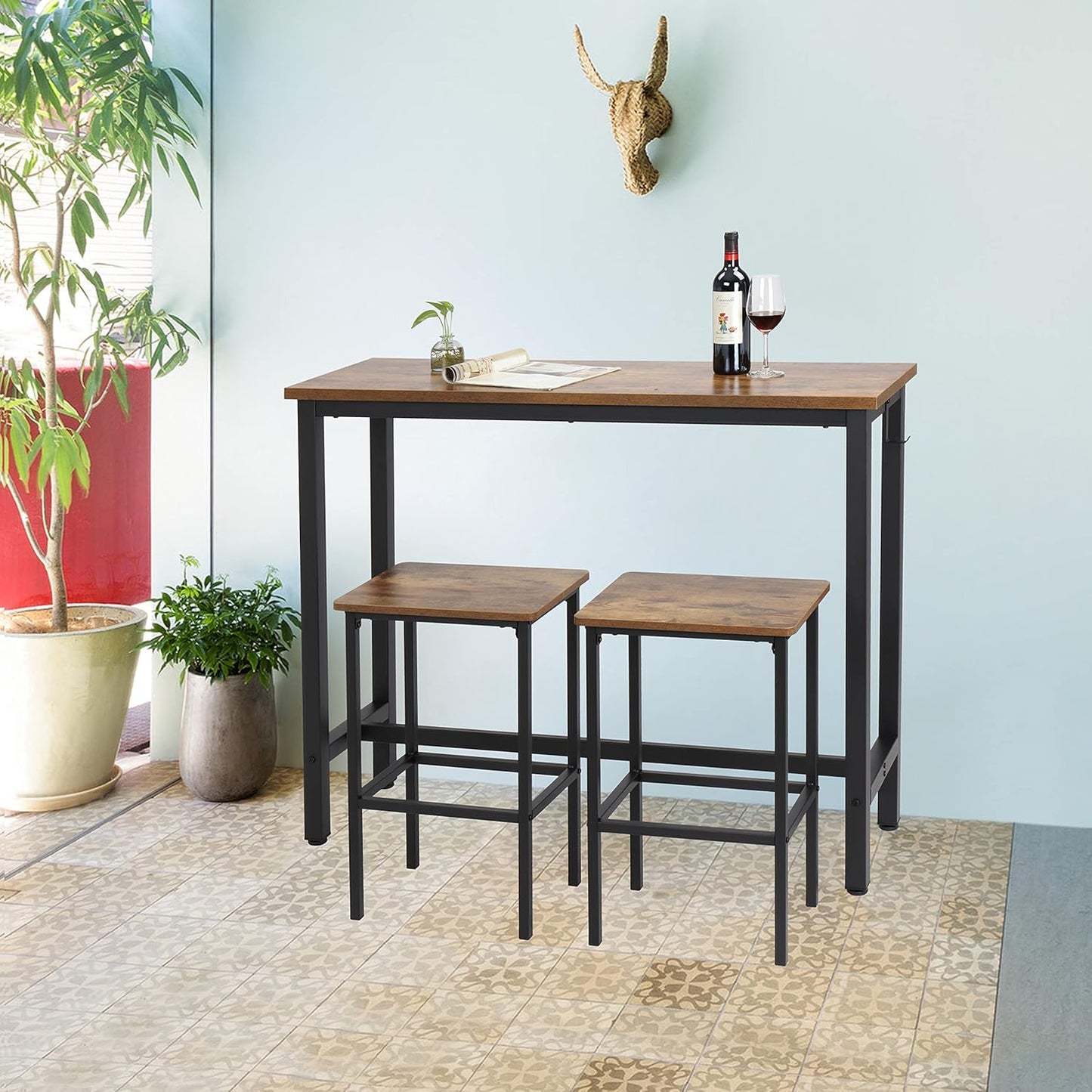Finnhomy 47" Industrial Bar Table Set with 2 Stools - Counter Height Dining & Pub Table for Small Spaces, Kitchen, Apartment, Breakfast Nook - Metal & Wood, Space-Saving Furniture - Rustic Brown
