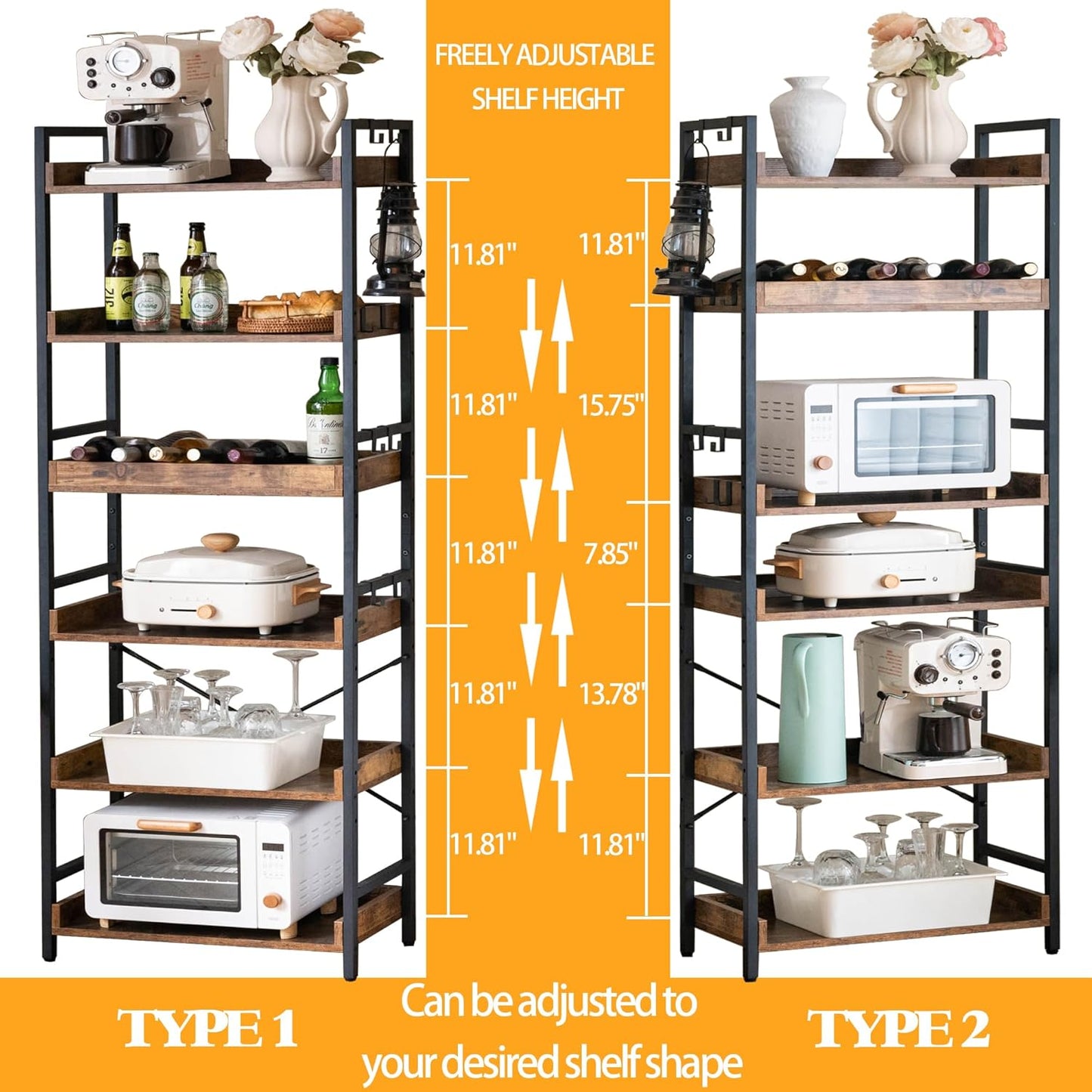 HCHQHS Adjustable 6 Tier Open Bookcase, Rustic Farmhouse Book Shelves, Industrial Wood and Black Metal Bookshelves, Mid Century Bookcase for Home Office Living Room Bedroom
