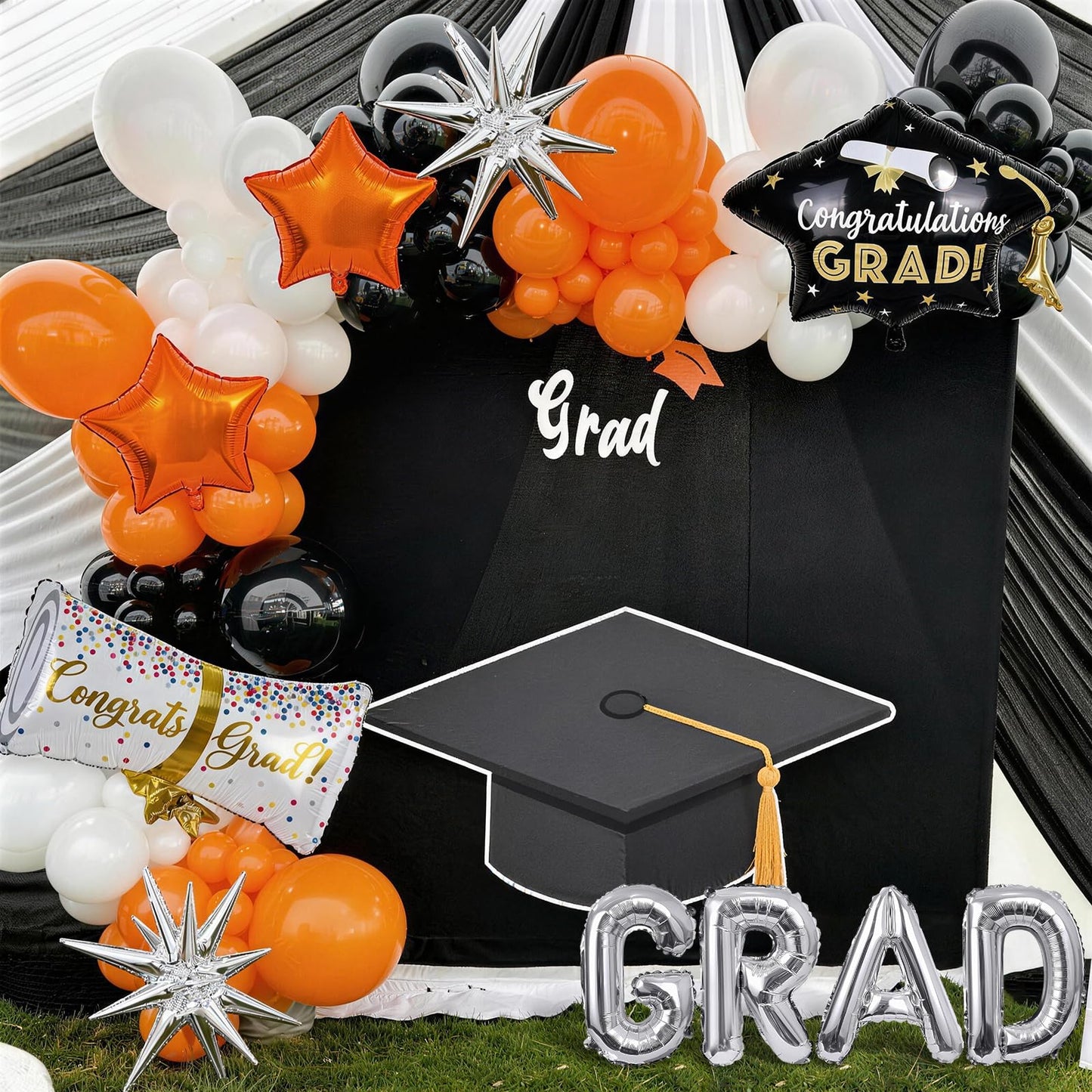 Orange Graduation Balloons Garland Arch Kit, 117PC Orange Black White Graduation Star Print Certificate Grad Foil Balloon with Silver Explosion Star Balloon for Graduate Class of 2026 Prom Party Decor