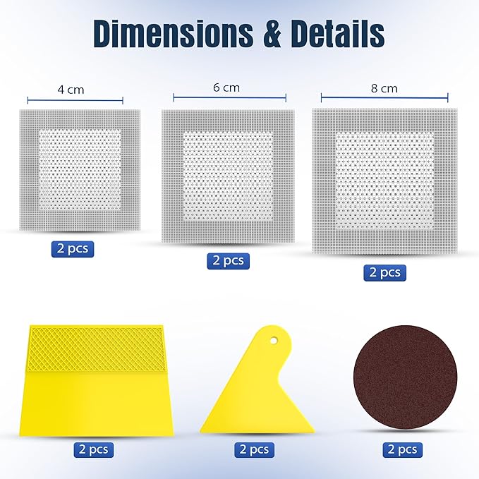 Wall Patch Repair Kit – 6 Self-Adhesive Aluminum Mesh Patches (2×4″ + 2×6″ + 2×8″) with Small & Medium Scrapers & 2 x P180 Sandpapers | Drywall Hole Patch Kit for Sheetrock, Plaster & Ceiling Repair