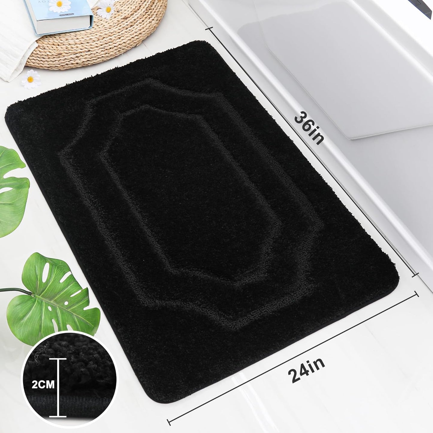 BEQHAUSE Bathroom-Rugs-Non-Slip-Bath-Mats for Bathroom Soft and Absorbent Polyester Microfiber Black Bath Mat Machine Washable Shaggy Shower Mat for Bathrooms, Bathtub and Sink, 24" x36”