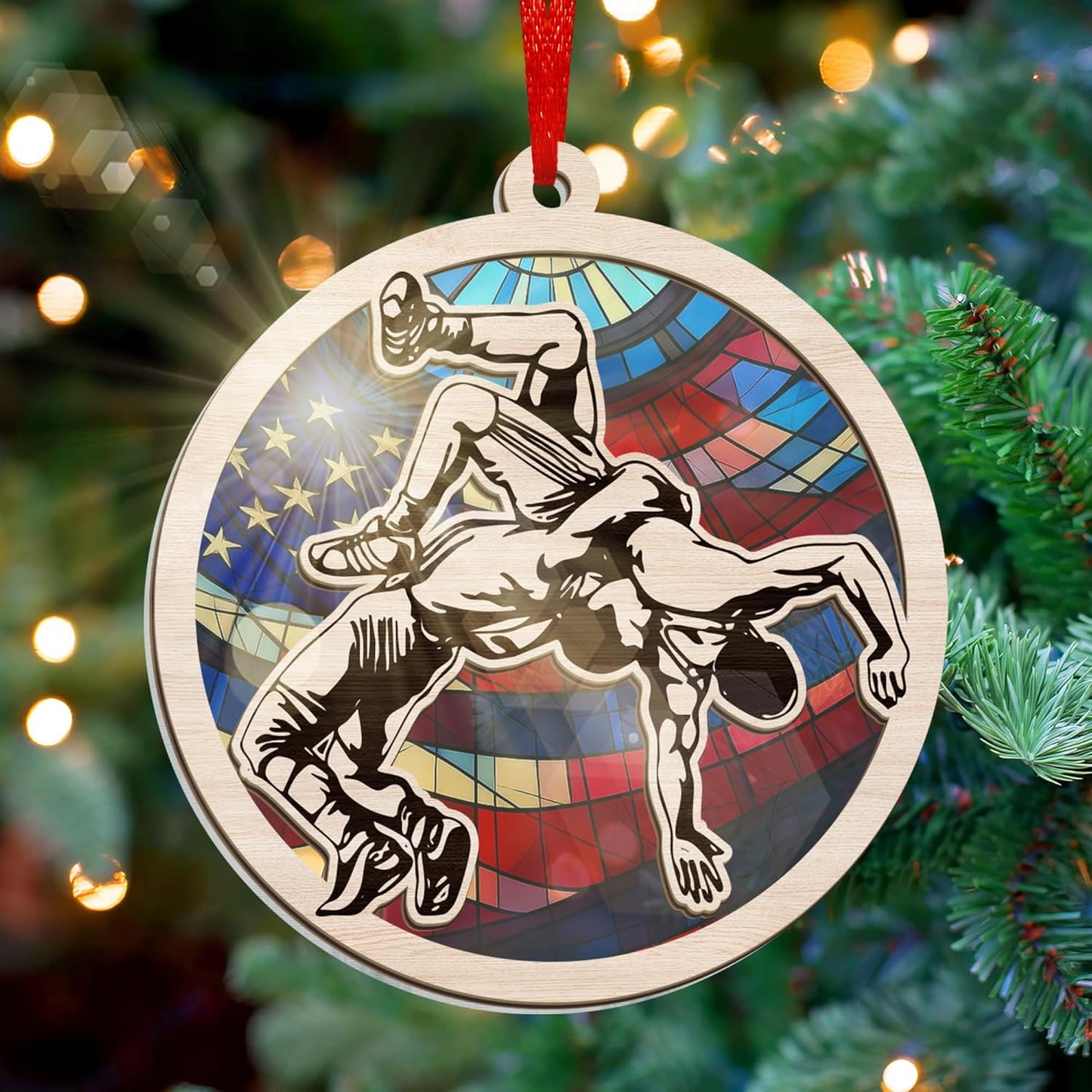 FLAGWIX Christmas Wrestling Gifts for Teen Boys - Suncatcher Christmas Ornaments 2025 Tree Decorations - Wrestling Ornaments for Tree, Sports Gifts for Men Boy 12-14, Sports Ornament, Coach Gift Ideas