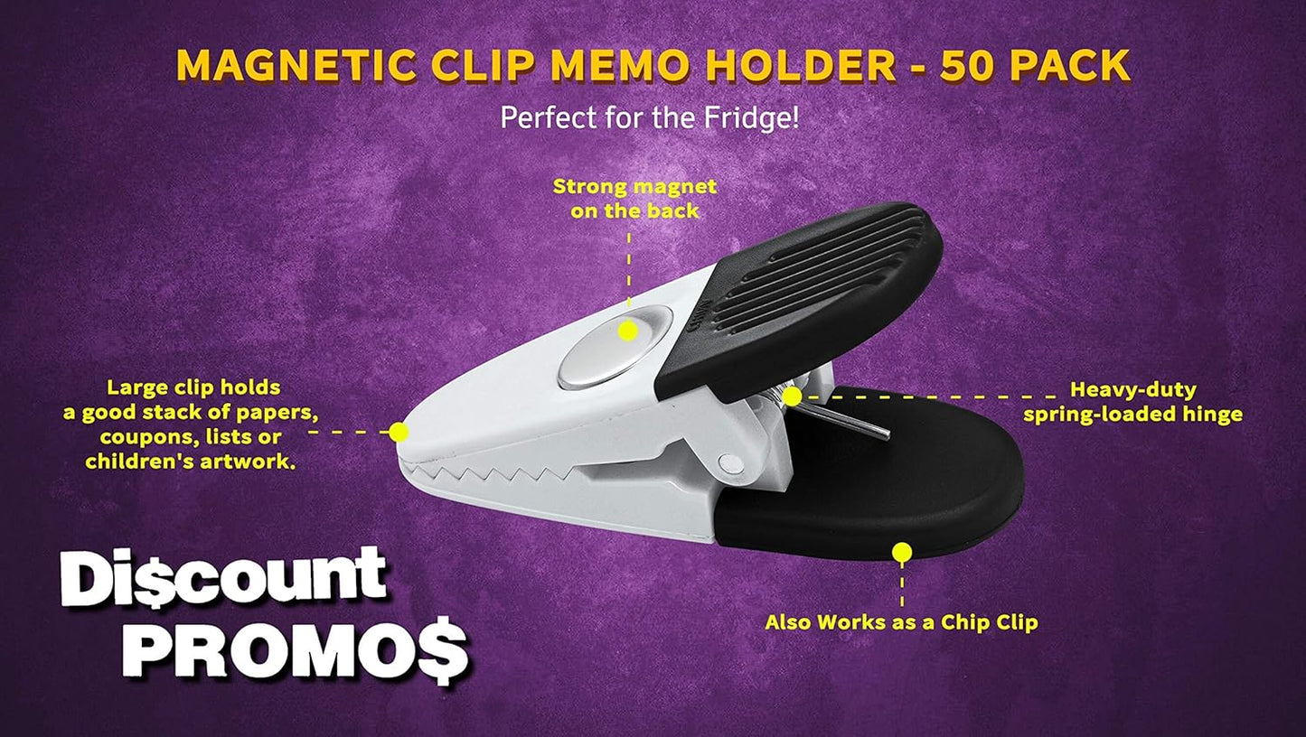 50 Magnetic Memo Holders Set - Customizable Text, Logo - Large Clip, Plastic - White Black