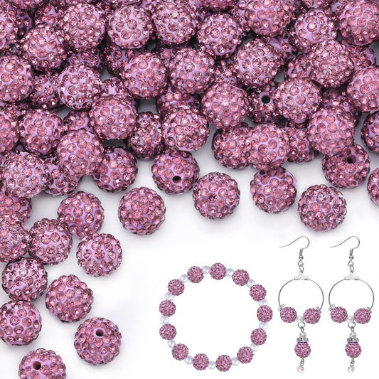 150pcs 10mm Rhinestone Beads for Jewelry Making, Light Purple Shiny Round Shamballa Disco Beads Bulk, Sparkle Crystal Clay Christmas for Bracelet Baseball Necklace Earring Crafting and DIY