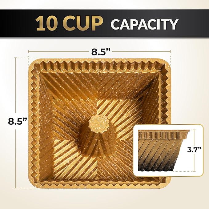 Square Fluted Tube Cake Pan, 10-Cup, Dual-Tone Gold & Black Shimmer Finish, Heavy Die-Cast Aluminum Nonstick Bakeware, 8.5-Inch Decorative Cake Mold, Easy Reales, Gift-Ready Box