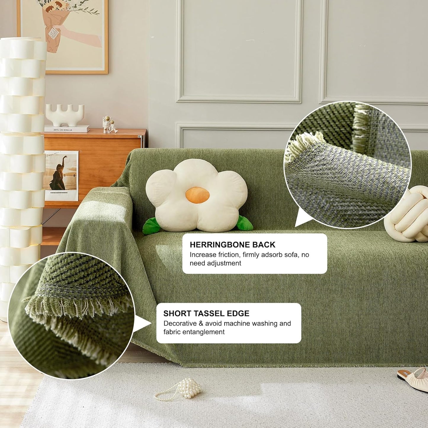 STACYPIK Soft Matcha Green Sectional Couch Covers Minimalist Sofa Throw Cover Herringbone Couch Protector for 2 Cushion Couch L Shape Sofa Cover Futon Cover Decorative for Couch-71X118IN