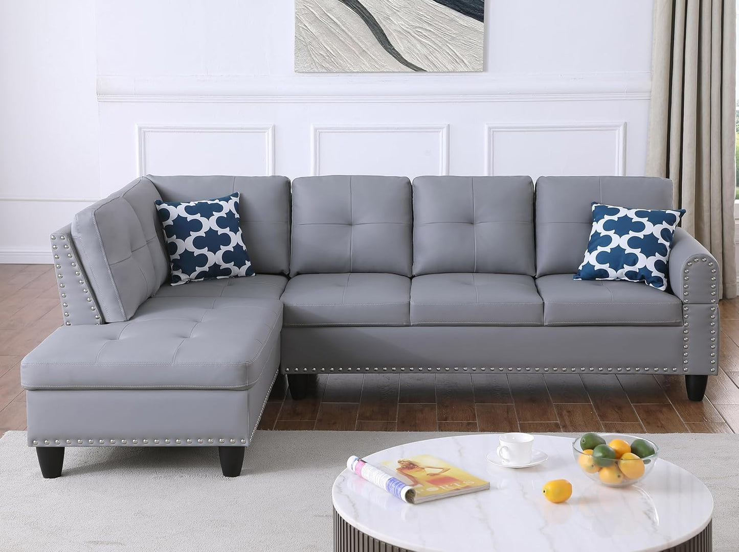 Ball & Cast 98" L Shaped Sectional Couch for Living Room,4 Seat Faux Leather Upholstered Modular Sectional Sofa Set 2 PCS with Chaise,Nailhead Trim,Cup Holders,Coffee Table and 2 Pillows for Home,Gray