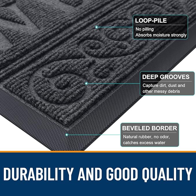 OLANLY Welcome Door Mat Indoor Outdoor Entrance, Heavy Duty Sturdy Front Door Mat, Waterproof All-Weather Doormat, Stain Resistant, Low Profile, Easy Clean Patio Entryway Mat, 59 x 35, Medium Grey