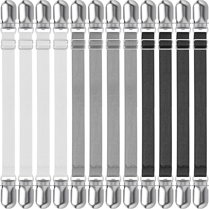 Boao 12 Pcs Bed Sheet Clips Straps Sheet Corner Straps Holder Adjustable Mattress Clips, Elastic Bed Grippers Suspender Fasteners Holder for Home(Black Gray White,8-12 Inch Length)
