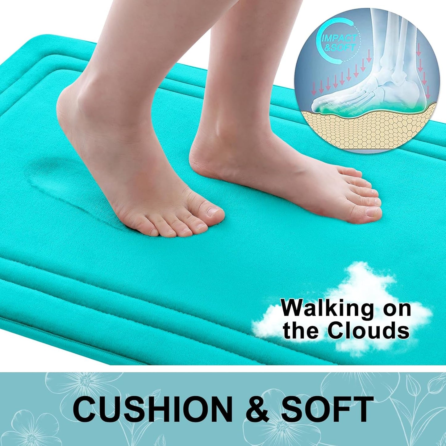 Grandaily Memory Foam Bath Mat Rug 24x16, Ultra Soft, Non-Slip and Absorbent Bathroom Rugs, Machine Wash Dry, Comfortable Bath Carpet for Bathroom Floor, Tub and Shower, Teal