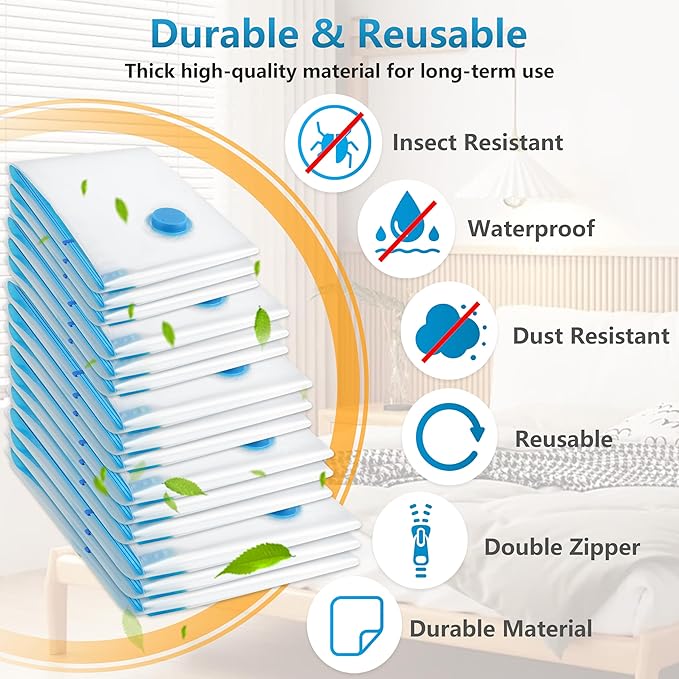 20 Pack Vacuum Storage Bags，Space Saver Bags(4 Jumbo/4 Large/4 Medium/4 Small/4 Roll),Compression for Comforters and Blankets, Sealer Clothes Storage, Hand Pump Included