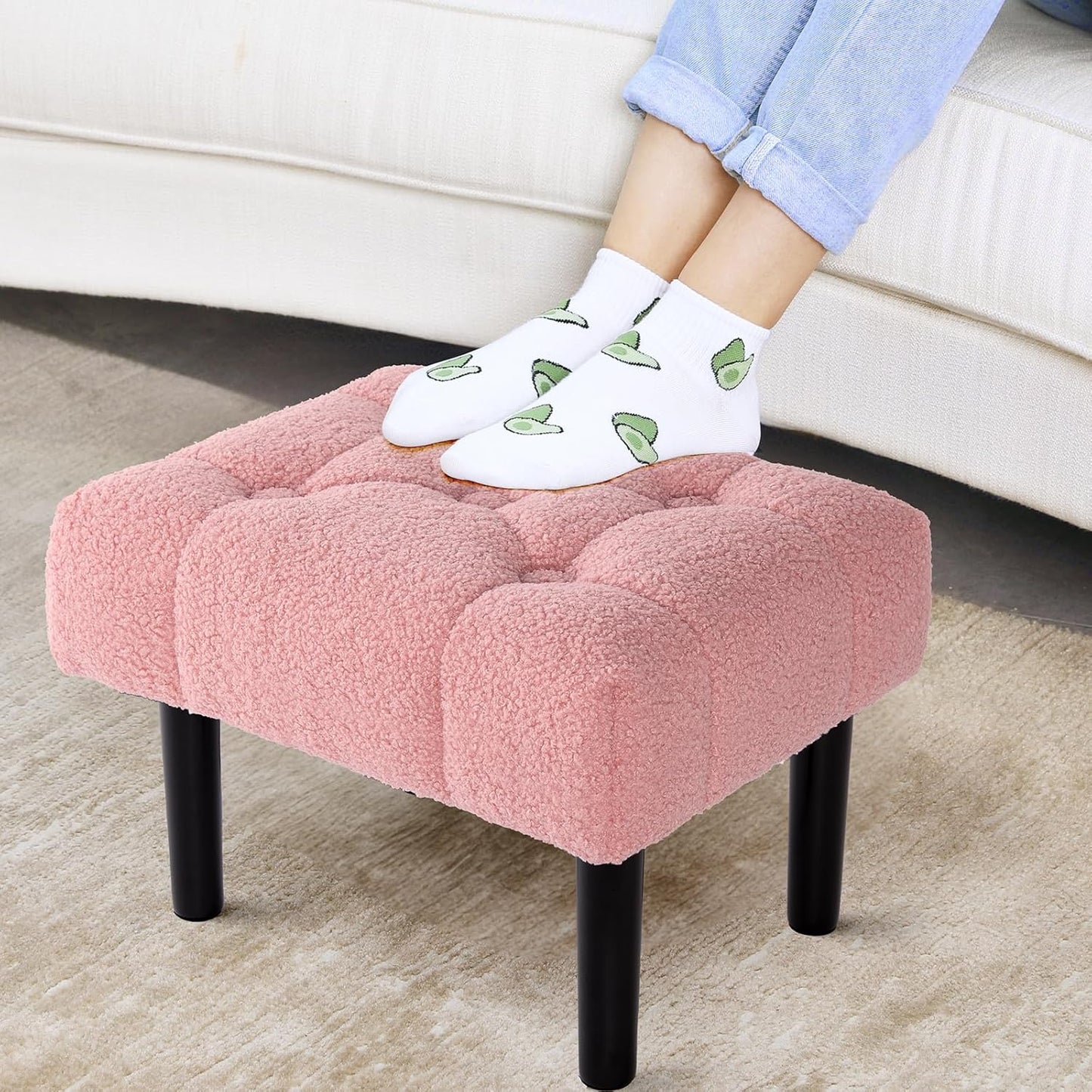HOUCHICS Fur Padded Foot Stool, Small Ottoman Foot Rest with Wooden Legs,Modern Rectangle Chair Foot Rest Foot Step Stool for Living Room, Couch, Desk(Pink)