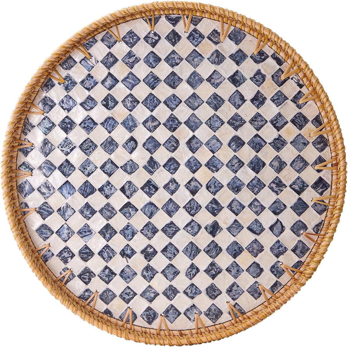 Round Rattan Tray with Mother of Pearl Inlay, Rattan Serving Tray with Wooden Base, Decorative Wicker Basket for Table Decor, Storage and Display of Coffee Bread Food Fruit (Checkerboard 13.5")