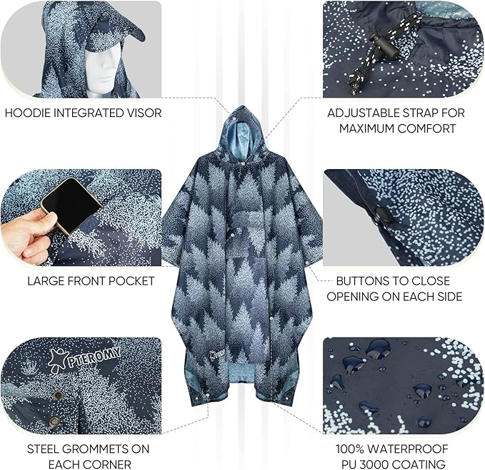 PTEROMY Hooded Rain Poncho for Adult with Pocket, Waterproof Lightweight Unisex Raincoat for Hiking Camping Emergency