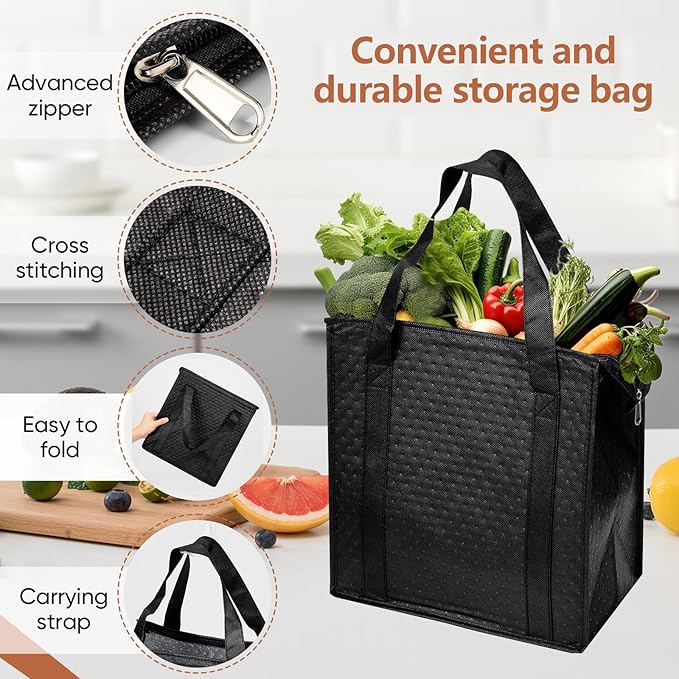 15 Pcs Insulated Cooler Bag – Reusable Cooler Bags with Zipper Top, Thermal Totes for Hot & Cold Food, Foldable, Washable, Sturdy Handles, Ideal for Shopping, Lunch Travel,(Black Blue Grey)