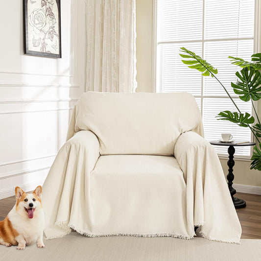 MYSKY HOME Oversized Armchair Couch Cover for 1 Cushion, Washable Recliner Covers Sofa Protector with Tassel, Beige, 71"X91"