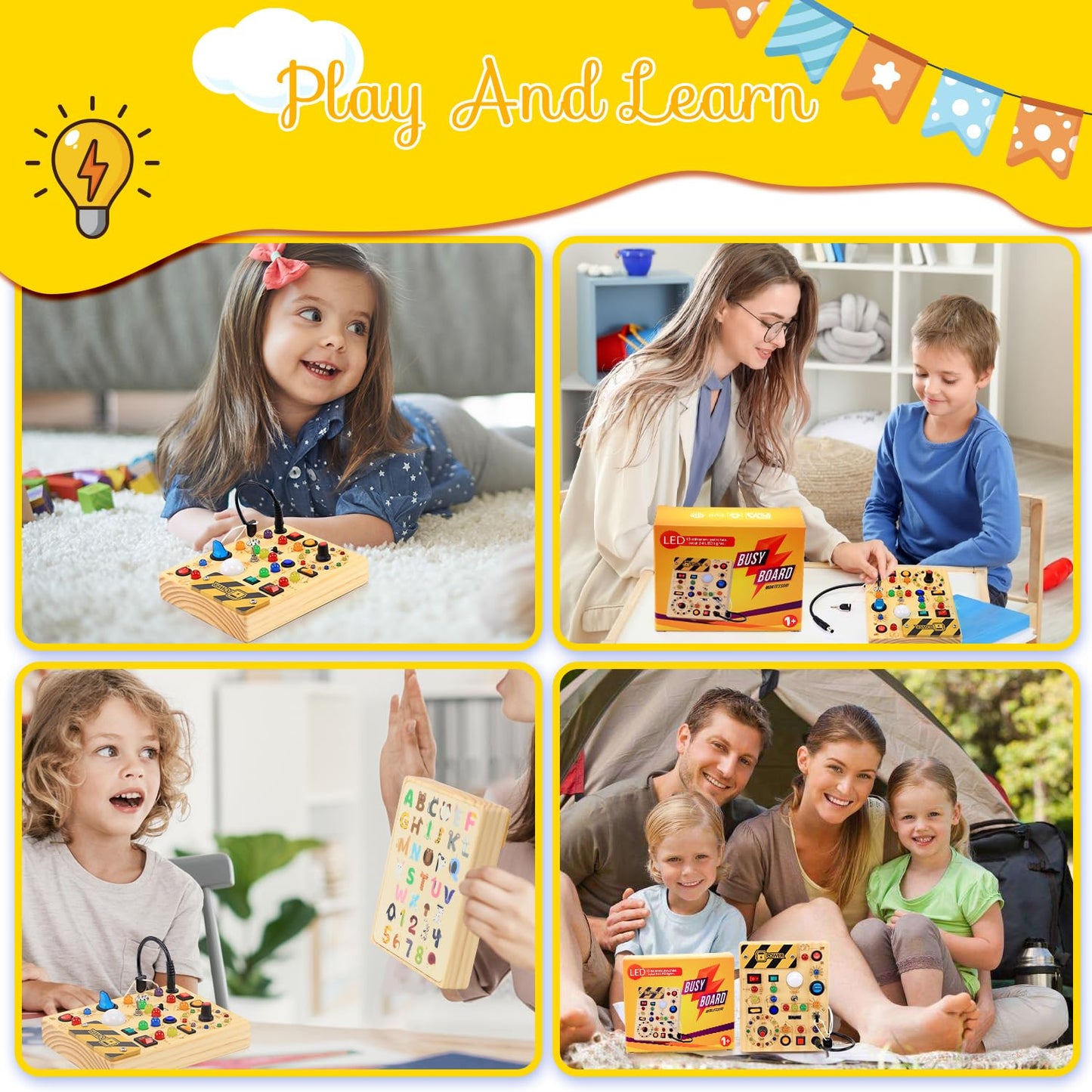 RichBoy Busy Board Montessori Sensory Toy, 37-in-1 Switch Board with 24 LED Lights, Birthday Gift for 1 2 3 Year Old Boys Girls, Safety for Toddlers Home Travel Essentials (6.7" X 5.3")