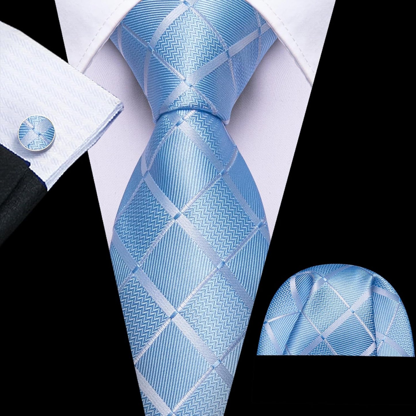 Barry.Wang Designer Classic Ties for Men Set Formal Pocket Square Cufflink Check Plaid