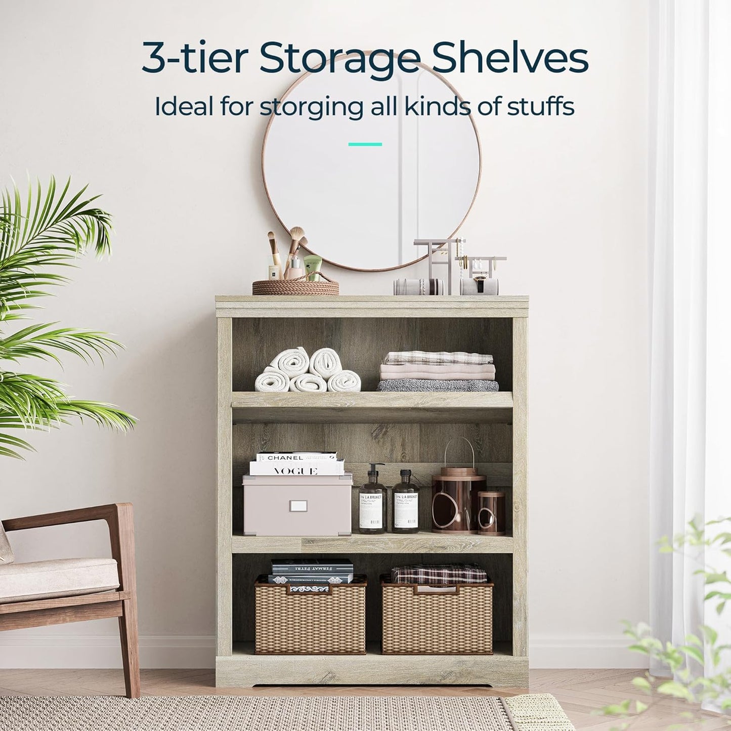 LINSY HOME 3-Tier Bookcase and Bookshelf, Small Wood Display Storage Shelves Farmhouse Bookshelf for Home Office, Living Room, Bed Room - Washed Grey