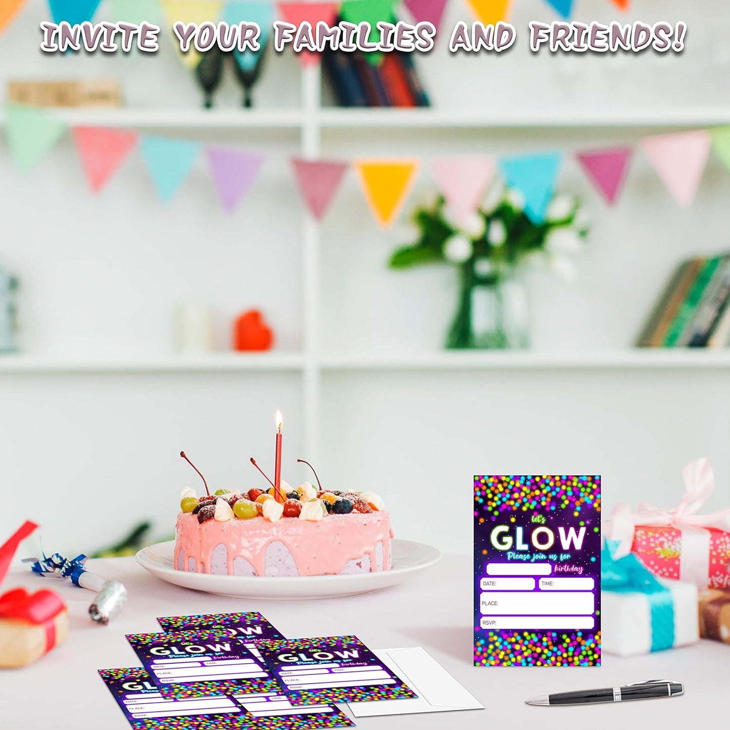 Neon Glow Invitation Birthday Party Invitations, 20-Count Let's Glow Theme Birthday Party Invites With Envelopes-HBYQK-B19