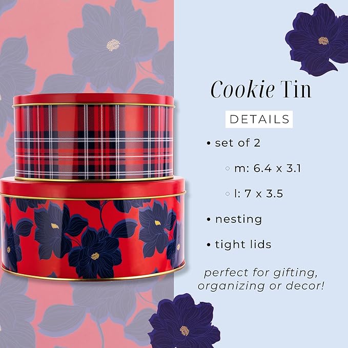 Draper James Cookie Tin Set for Treat Exchange and Gifting, Set of 2 Nesting Metal Boxes, Angie Plaid