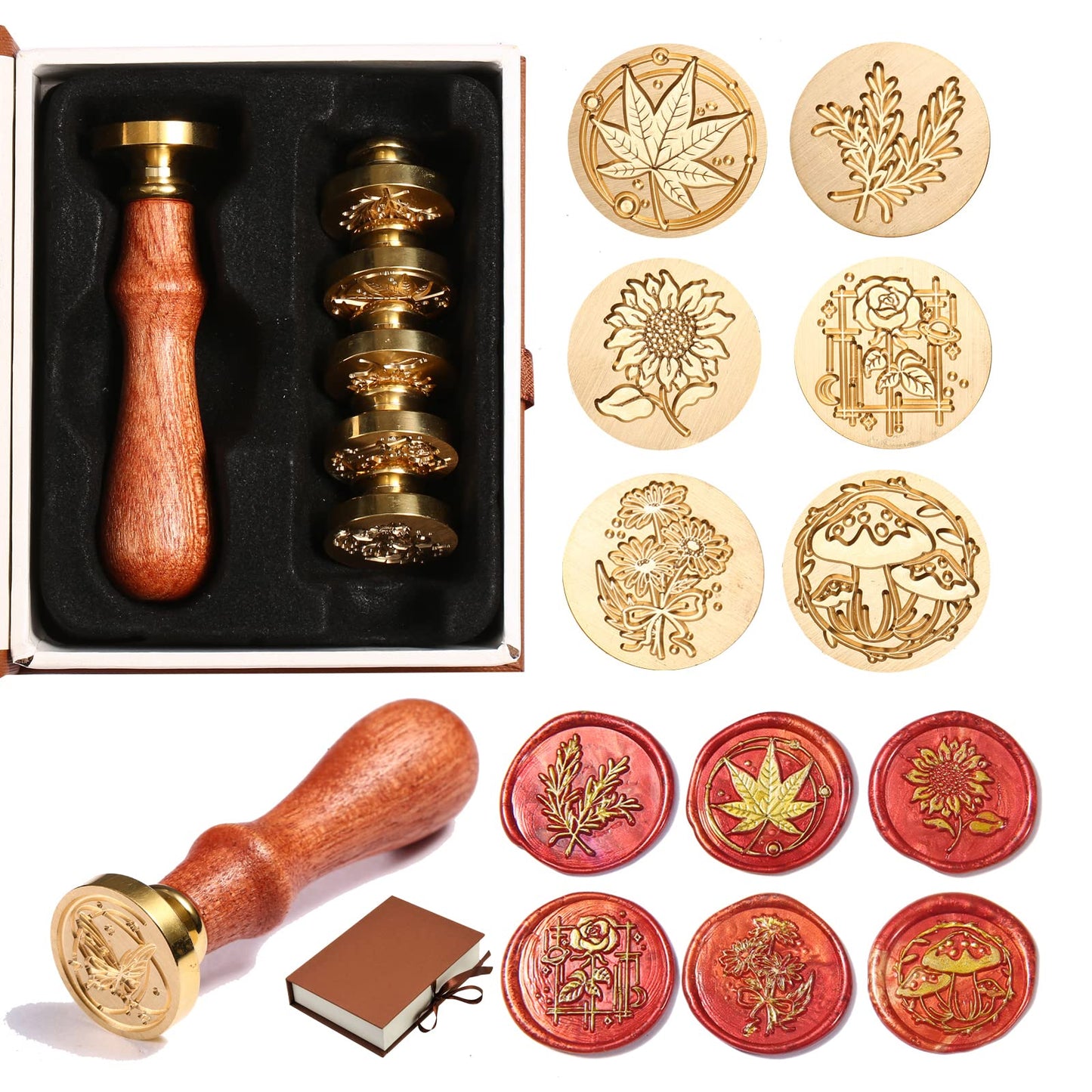 Comealltime 6pcs Wax Seal Stamp Set with Gift Box, Sealing Copper Stamps + 1 Wooden Handle, Sealing Stamp Kit (Rose,Wheat,Sunflower,Daisy,Mushroom,Maple) for Birthday Wedding Cards Envelopes (Plant)