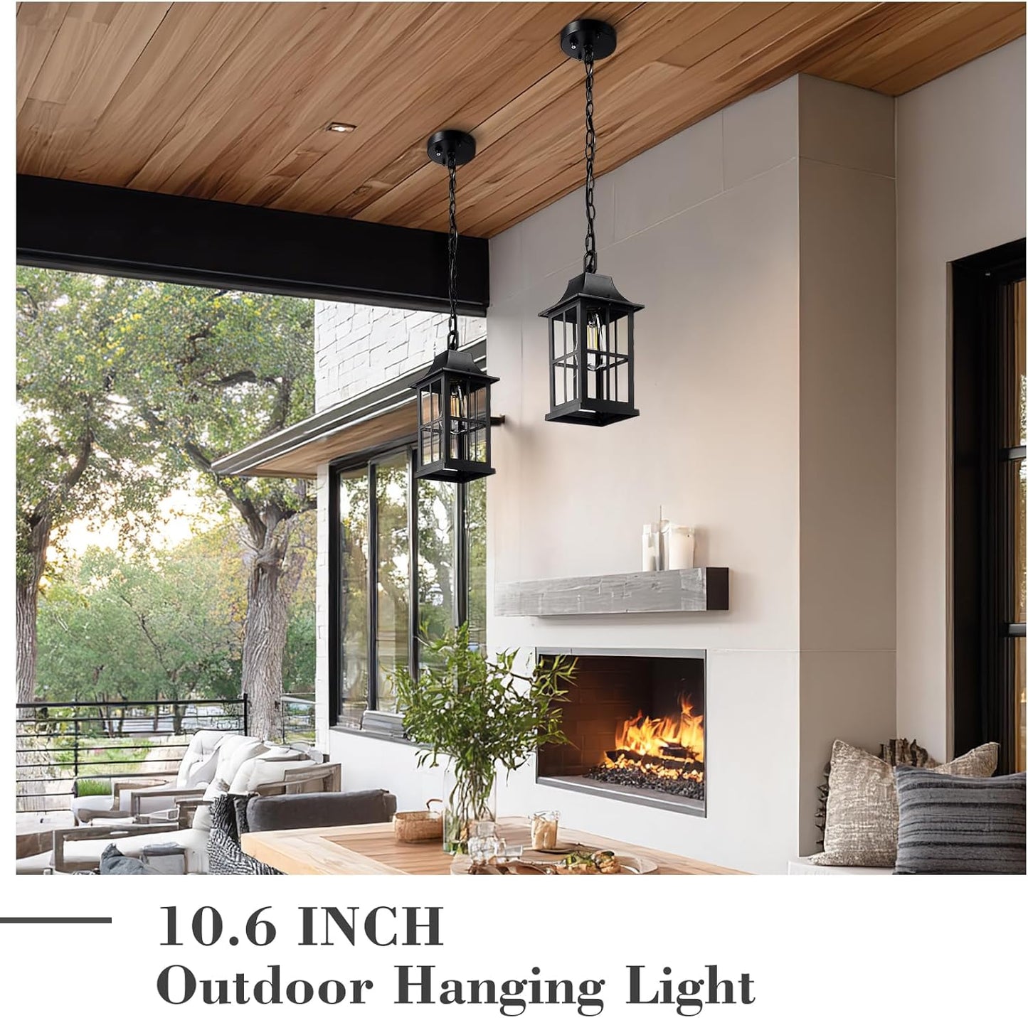Emliviar 10.6" Dusk to Dawn Outdoor Pendant Light, Black Hanging Porch Light with Clear Glass Shade, Weatherproof Ceiling Lamp for Patio, Auto On/Off, YXE306H-PC BK