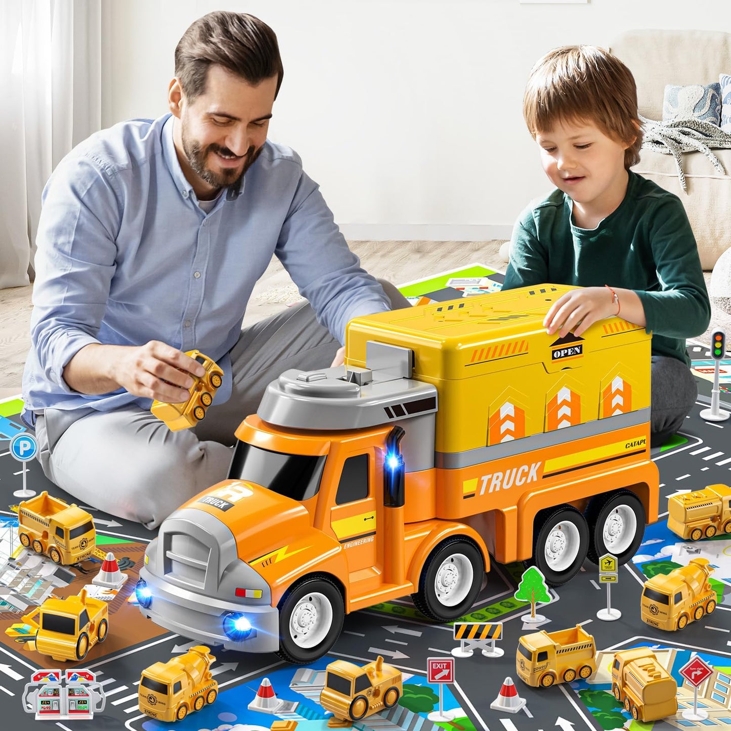 Doloowee Construction Truck Toy Set with 8 Vehicles, Car Carrier with Movable Station, Educational Vehicle Toys for Kids 3-8 Years, Orange