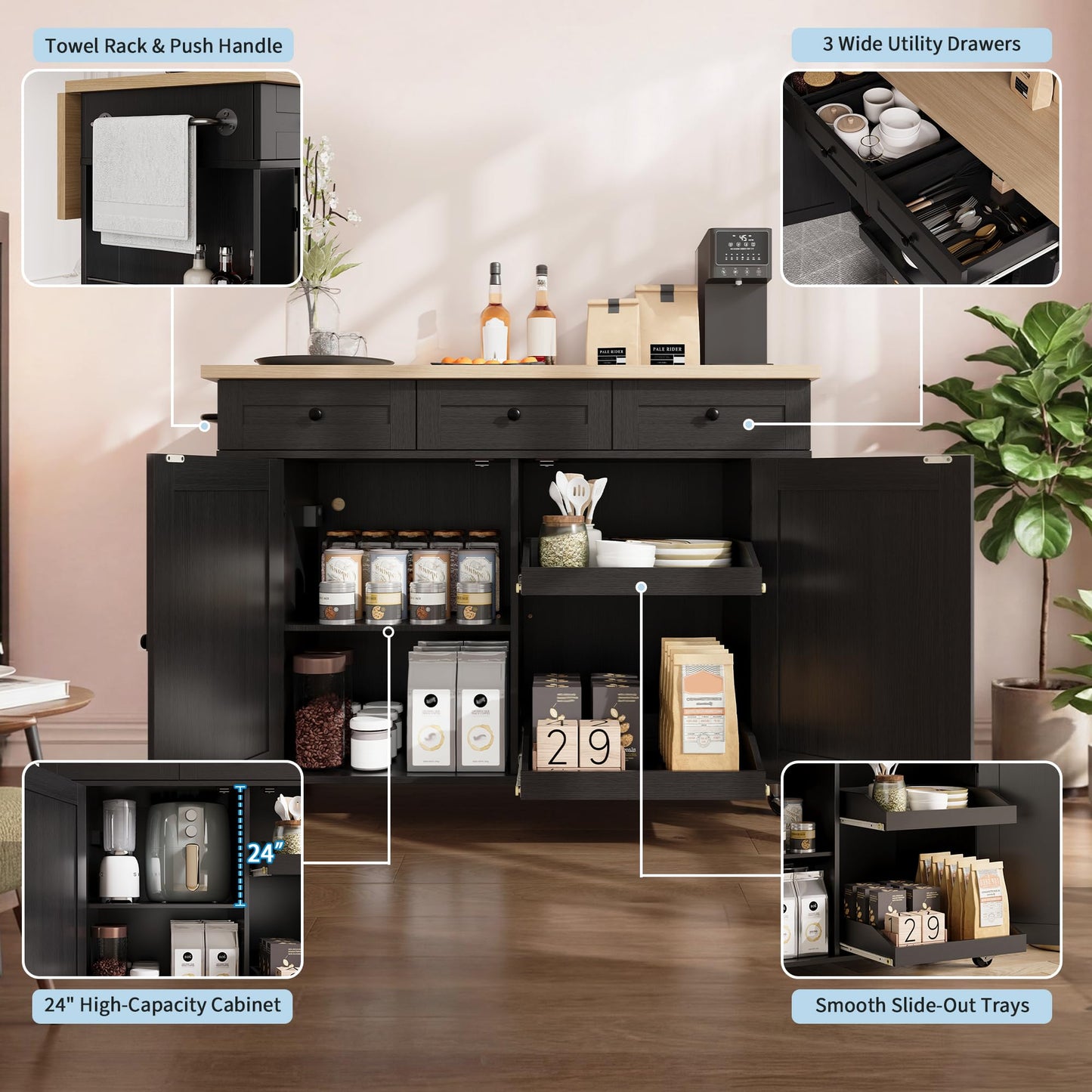 IDEALHOUSE Rolling Kitchen Island with Drop Leaf Countertop, Charging Station & Ample Storage - 47.2" Mobile Kitchen Cart On Wheels with Pull-Out Shelves, Drawers, Spice Rack & Organizer Divider