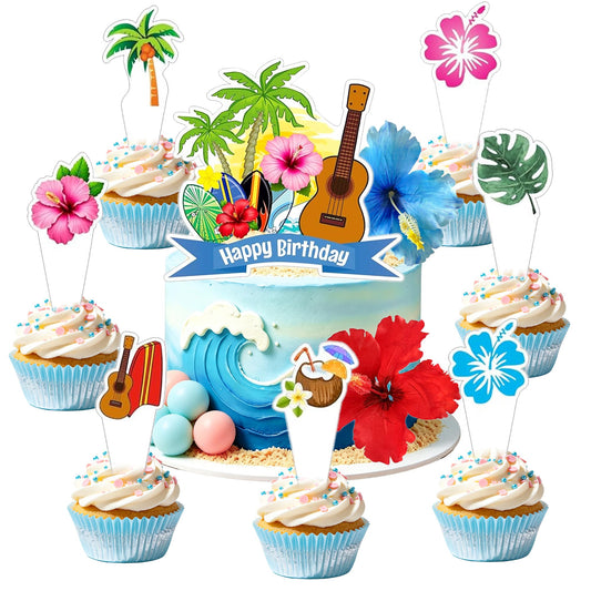 LaVenty Hawaiian Birthday Cake Decorations Tropical Cake Topper Luau Birthday Cake Toppers Hibiscus Flowers Cake Decorations