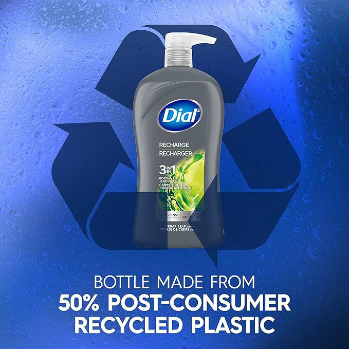 Dial Men 3 in 1 Body, Hair and Face Wash, Recharge, 32 Fl Oz, Cedar Leaf Scent, Cleanses Deep + Gentle on Skin with Clean Rinse Technology