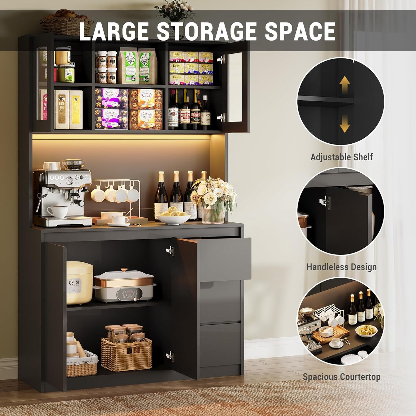 Garvee Kitchen Pantry Cabinet,71" Tall Storage Cabinet with Doors and Shelves Adjustable, Kitchen Storage Hutch with Microwave Shelf, Led Lights and Charging Station,Corner Pantry Cabinet, Black