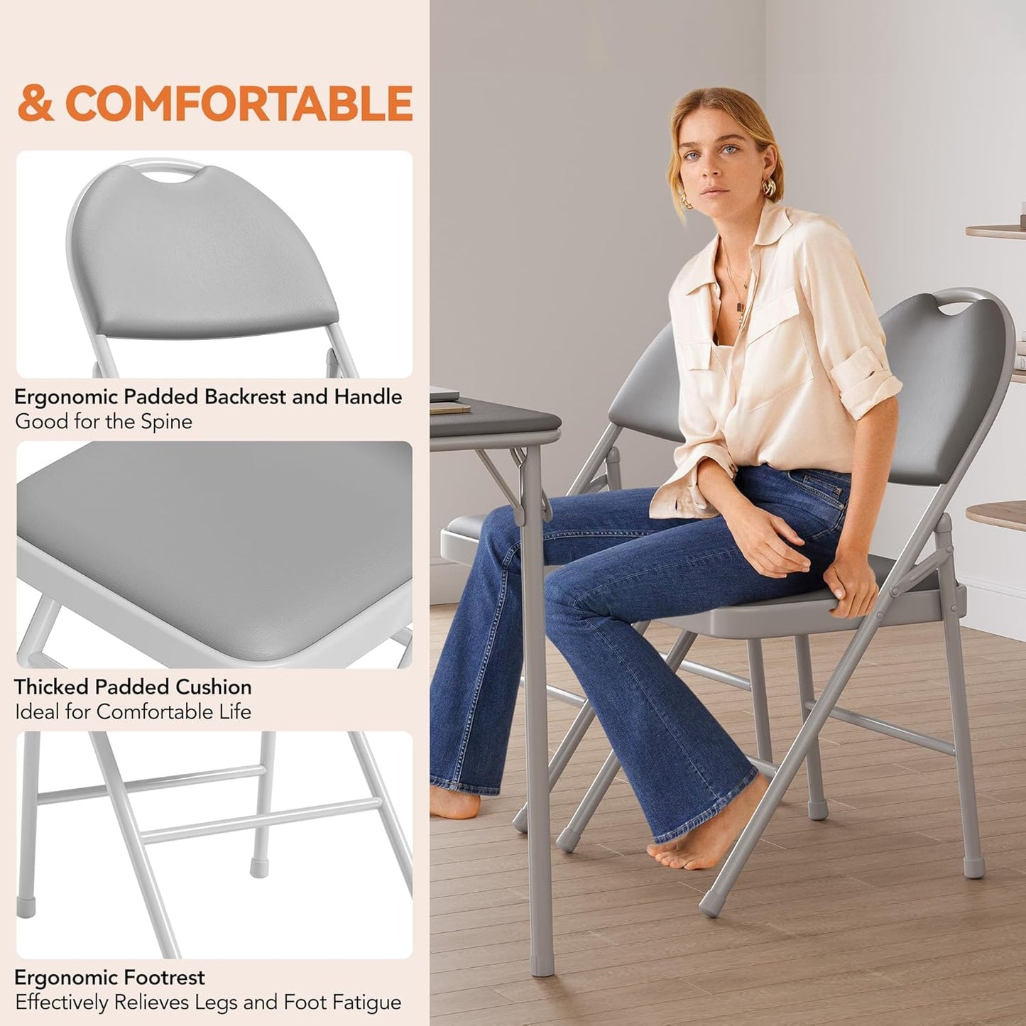 GarveeHome 4 Pack Folding Chairs with PU Leather Padded Cushion and Back, Metal Foldable Chair for Indoor Outdoor, Commercial Stackable Guest Chairs for Camping, Dining Room, Office, Party, Grey