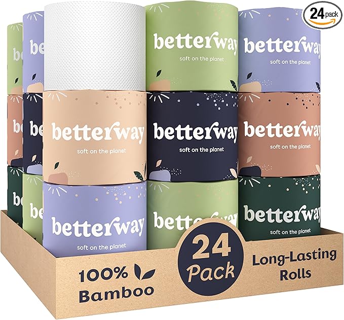 Betterway Bamboo Toilet Paper 3 Ply - Sustainable Toilet Tissue - 24 Long-Lasting Rolls & 360 Sheets Per Roll - Septic Safe - Organic, Plastic & PFAS Free - FSC Certified