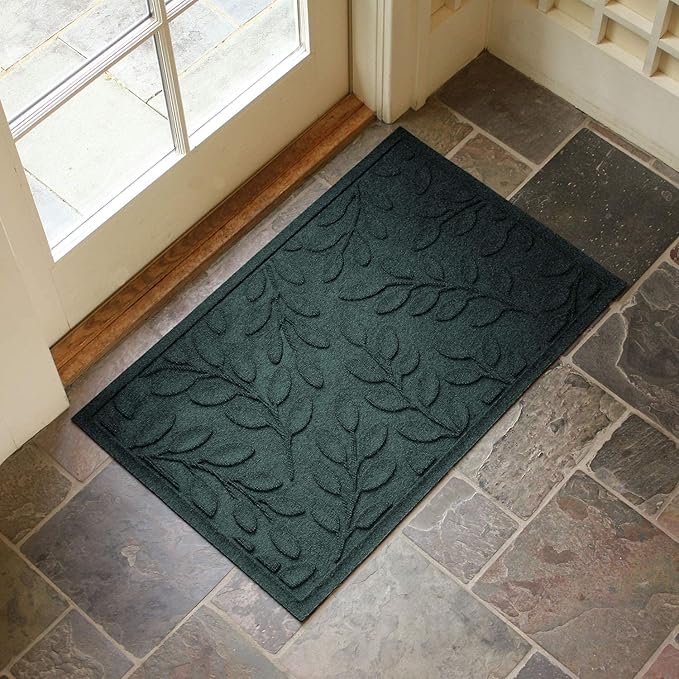WaterHog Welcome Mat for Indoor/Outdoor, 2’ x 3’, Made in USA, Durable and Water-Resistant, Dirt Trapping Mat, Decorative Front Door and Entryway Rug, Brittney Leaf Design, Evergreen