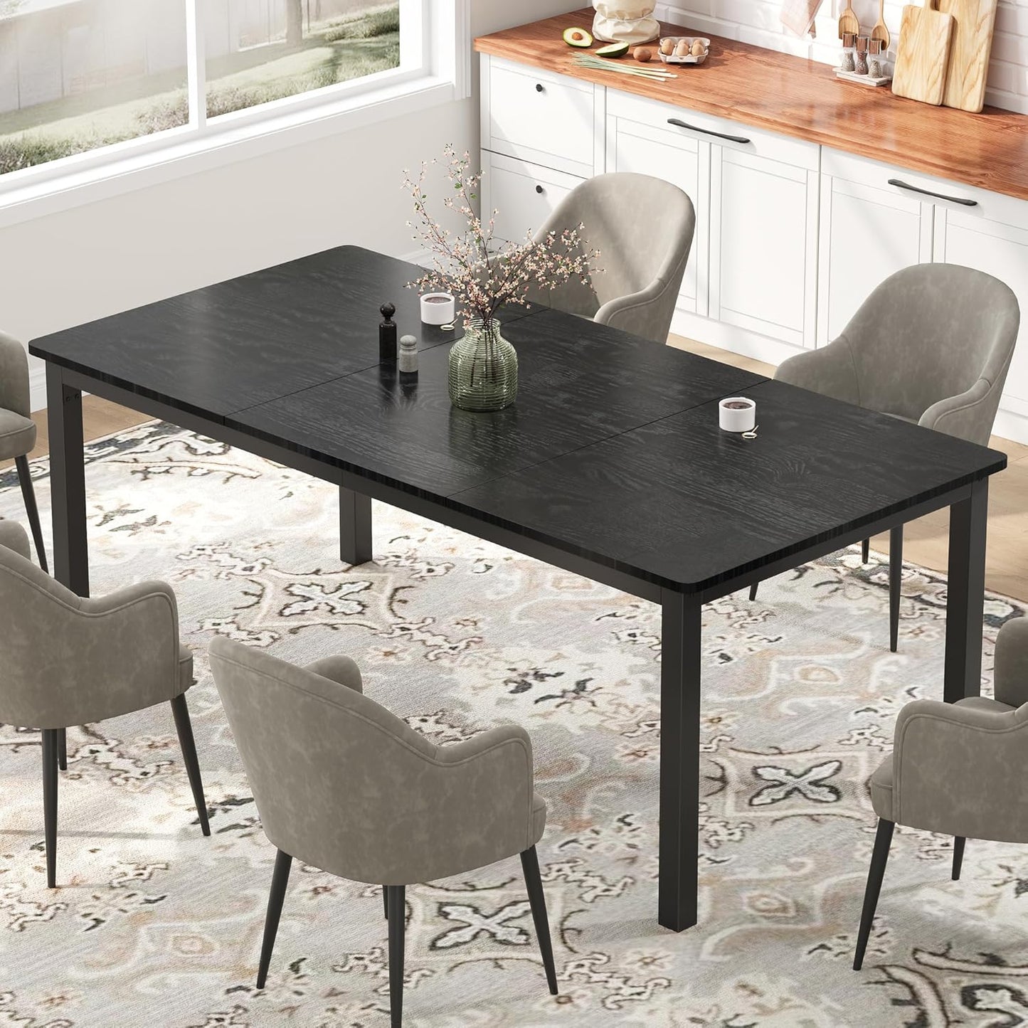 GarveeHome 78.7in Industrial Dining Table for 6, Wooden Long Dinner Table with Mortise Tenon Design, Kitchen Table with Sturdy Metal Legs, for Dining Room Home Office Living Room, Black